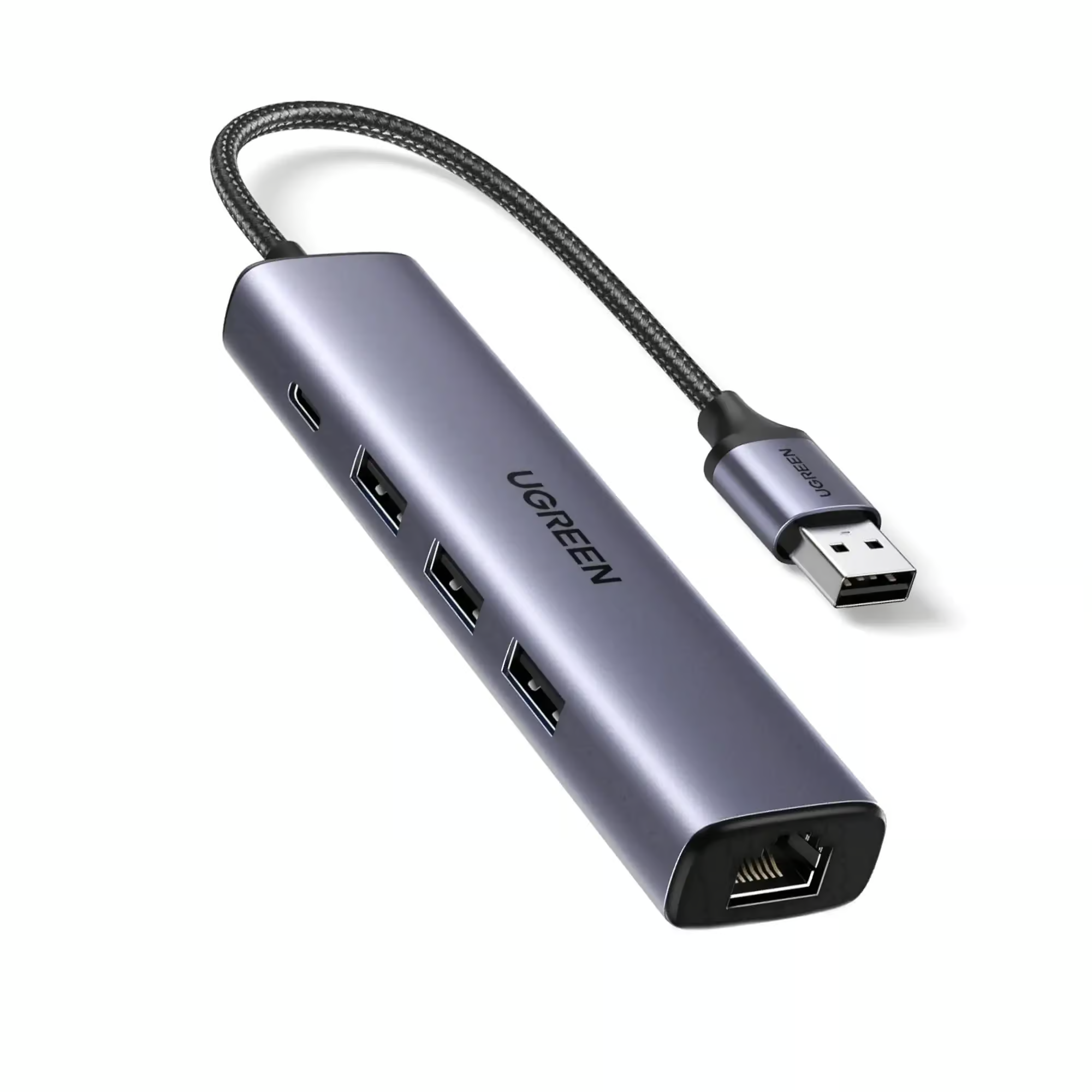 UGREEN-60554-USB-3.0-To-Ethernet-Adapter-5-In-1-Multiport-Hub UGREEN 60554 USB3.0 to 3×USB3.0 +RJ45 (1000M) Ethernet Adapter Type-C Power Supply - Image 1